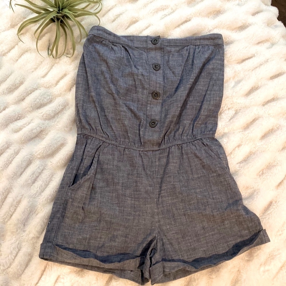 Strapless Chambray Button-Front Romper in Blue